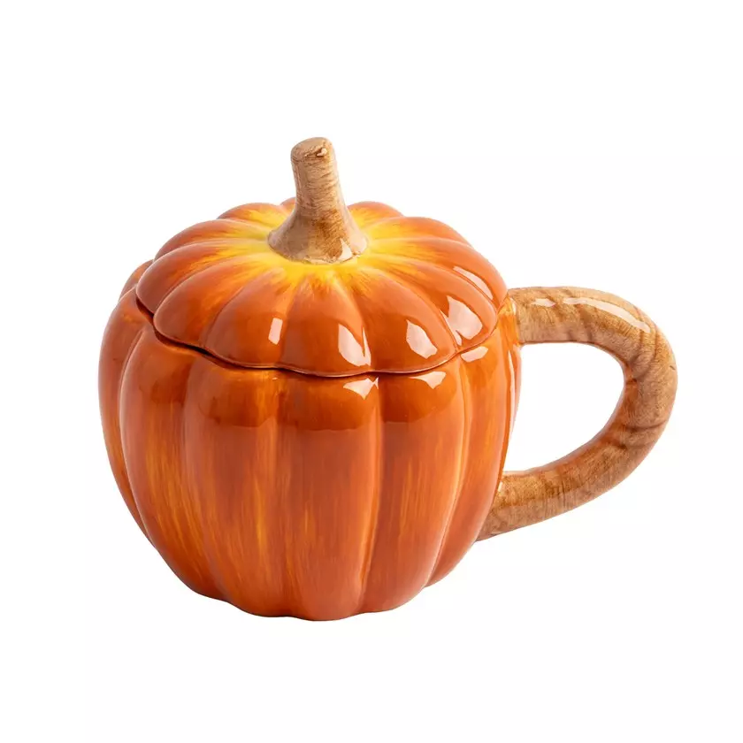 Кружка, 450 мл, с крышкой, керамика, оранжево-зеленая, Тыква, Bright pumpkin