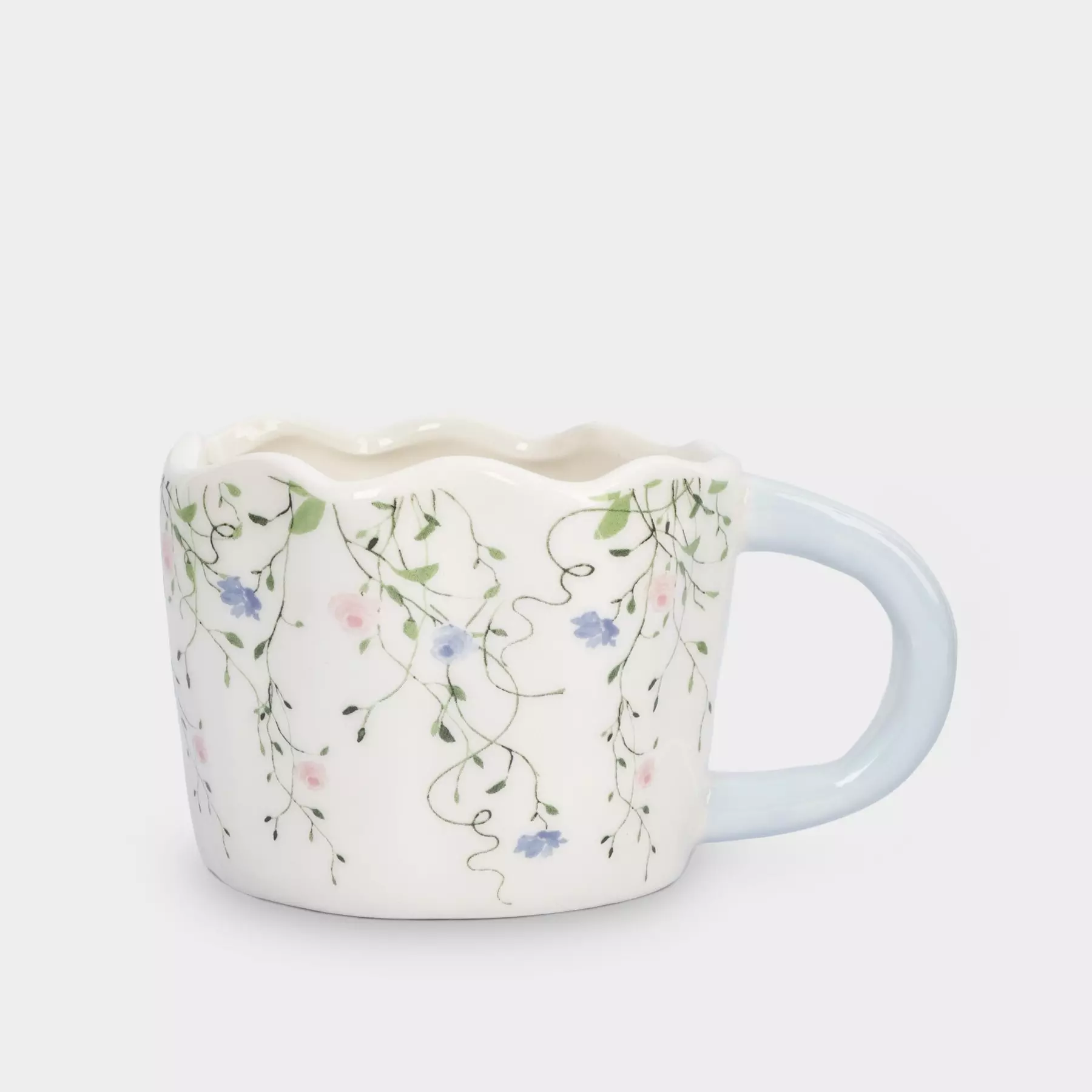 Кружка, 460 мл, керамика, молочно-голубая, Цветы, Mint flowers